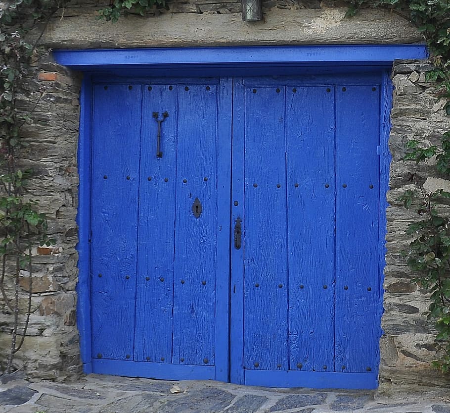 Double, Doors, Entrance, Exit, double doors, blue, building