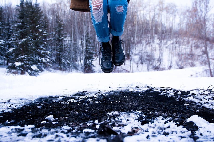 jump, jumping, winter, snow, boots, ripped jeans, denim, outdoors HD wallpaper