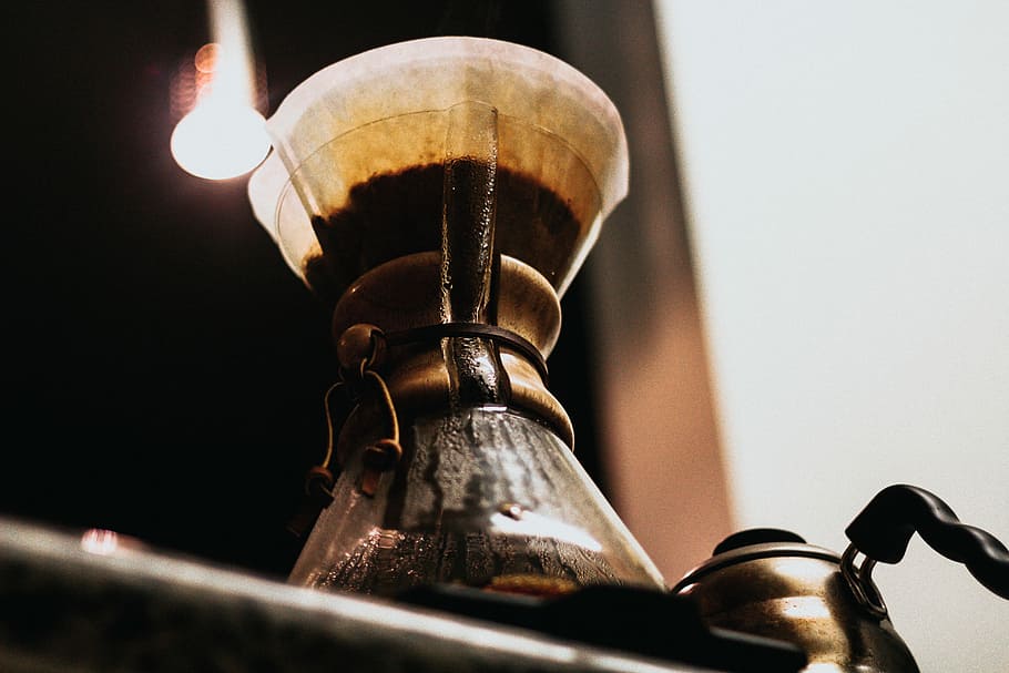 black coffeemaker, brown coffee grinder, jug, filter, warm, steam HD wallpaper