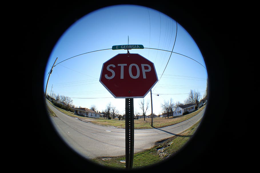 fisheye, stop, sky, blue, travel, outdoor, urban, sign, traffic HD wallpaper