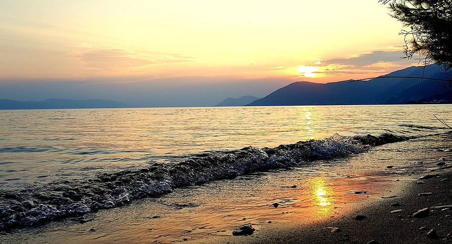 beach, sea, island, sunset, greece, evia, water, sky, scenics - nature, HD wallpaper