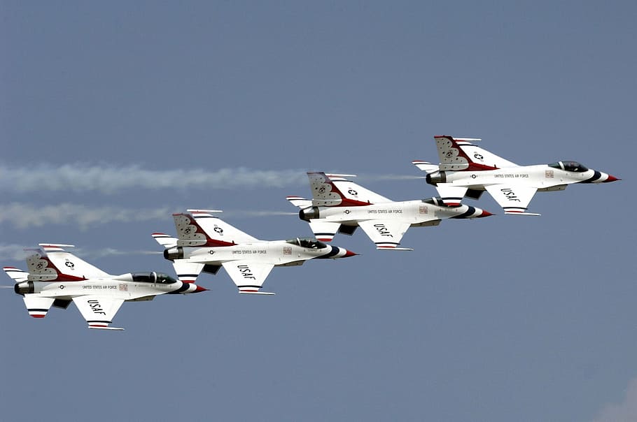white jets, air show, thunderbirds, military, us air force, aircraft