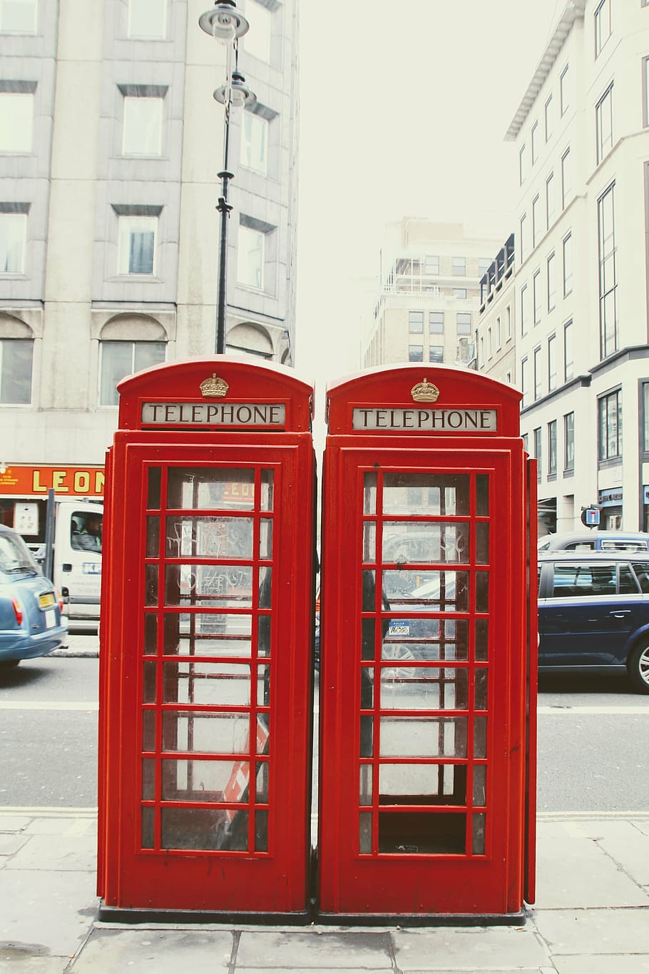 two vintage red telephone booths beside sidewalk, dispensary, HD wallpaper