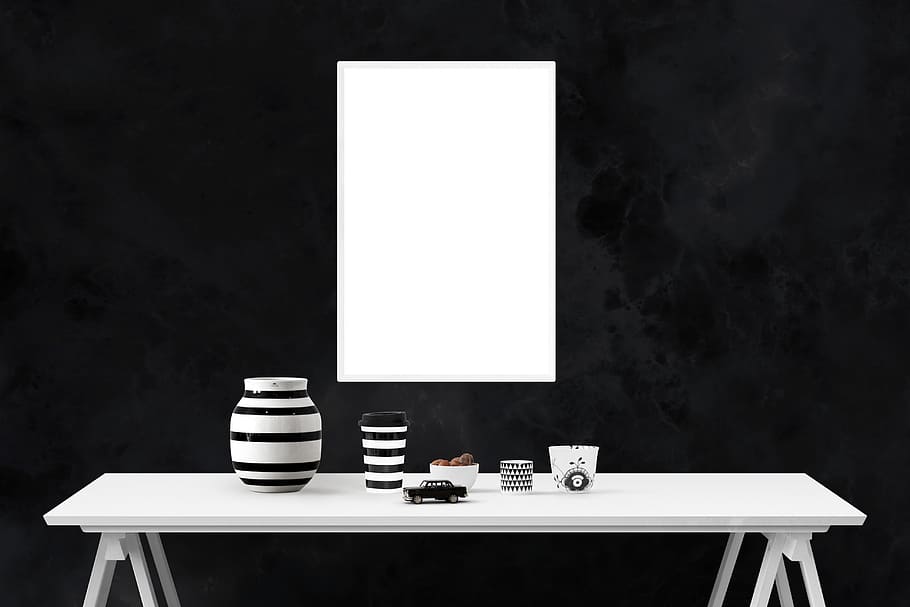 white wooden console table, mockup, wall, poster, frame, template, HD wallpaper