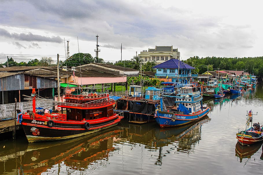 Assorted Color Boats on Body of Water Beside Houses and Trees Under White Sky at Daytime HD wallpaper