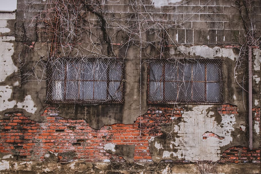 brown and beige wall wallpaper, gray abandoned building, brick HD wallpaper