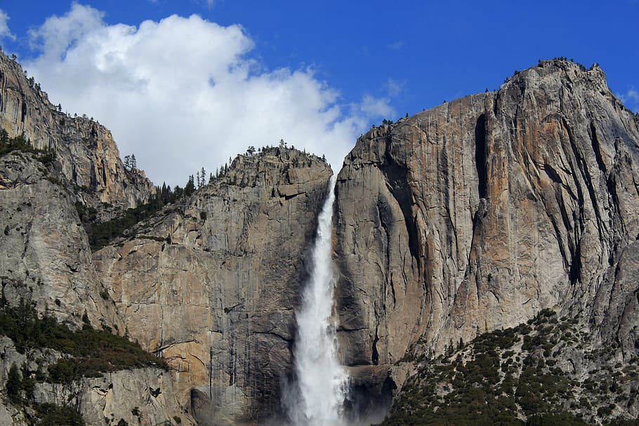 blue sky, clouds, landscape, mountains, rocks, nature, waterfall HD wallpaper