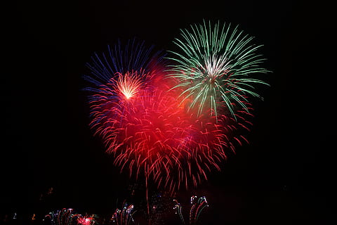 time lapse photography of fireworks, Rocket, Red, Red, Green, Blue HD wallpaper