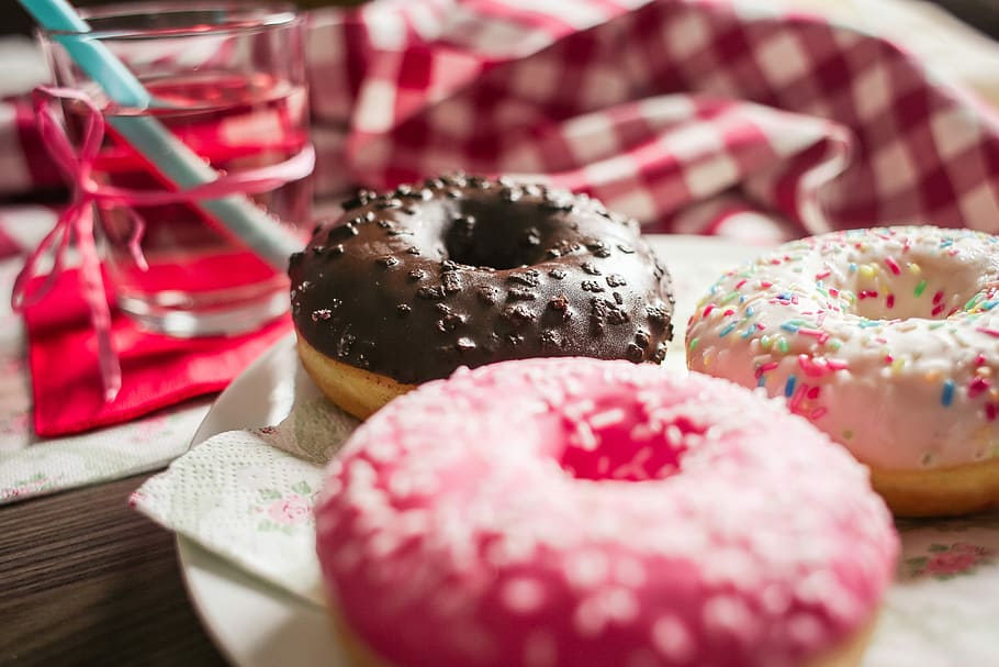 Three Yummy Sweet Colorful Donuts, breakfast, food, foodie, hungry