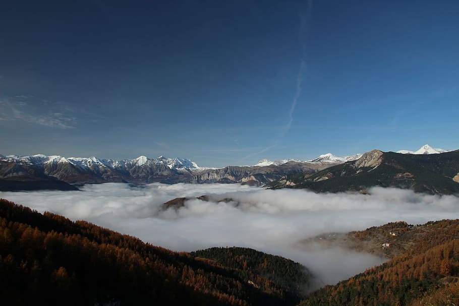 mountains, sky, clouds, alps, autumn, landscape, france, fog HD wallpaper