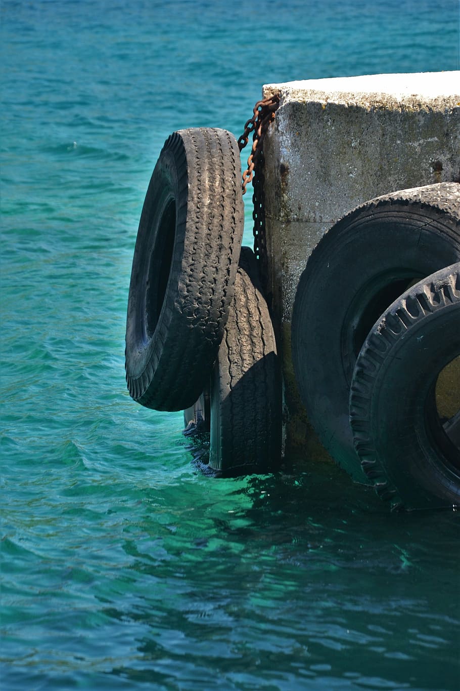 pier, auto tires, buffer, croatia, sea, dalmatia, adriatic sea HD wallpaper