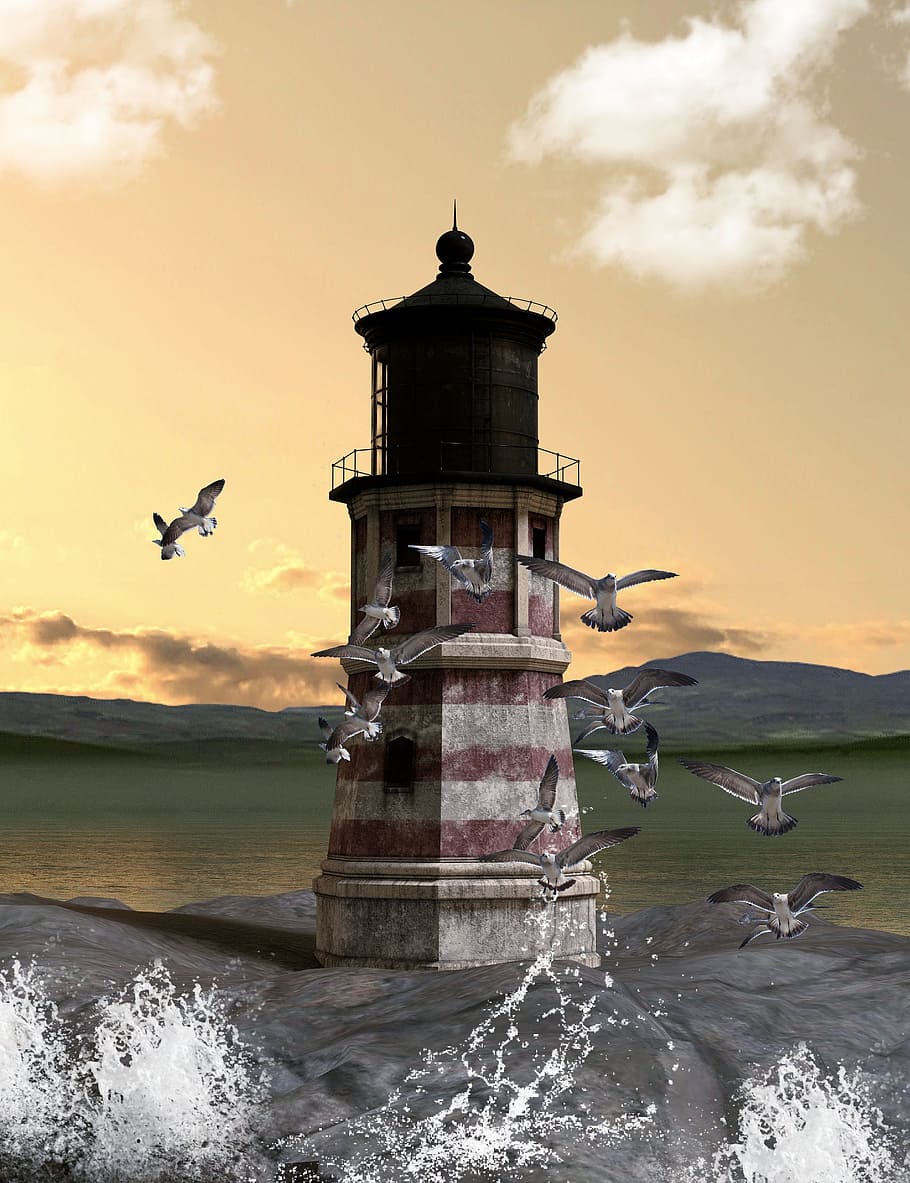 lighthouse, gulls, water, coast, clouds, mood, sea, sky, maritime HD wallpaper
