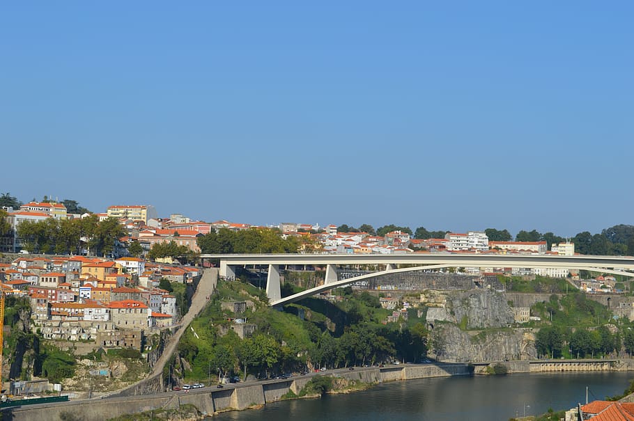 view, river, city, bridge, roofs, houses, portugal, summer HD wallpaper