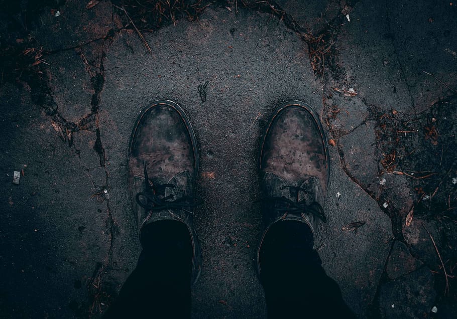 person taking photo of pair of brown shoes, person wearing black bottoms and pair of gray shoes HD wallpaper