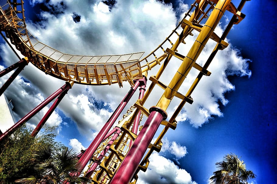 theme, roller coaster, holiday, sky, low angle view, amusement park HD wallpaper
