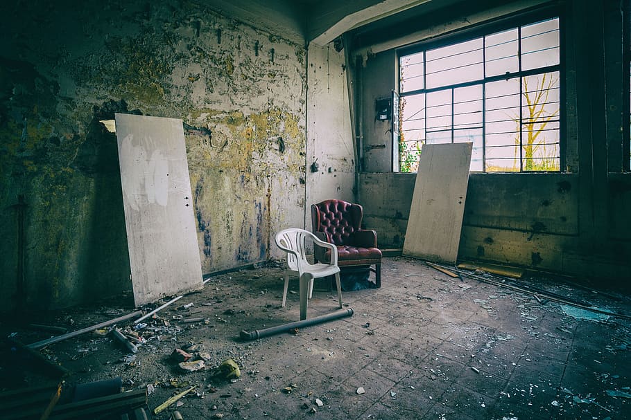 home, old, leave, weird, decay, abandoned, window, chair, seat HD wallpaper