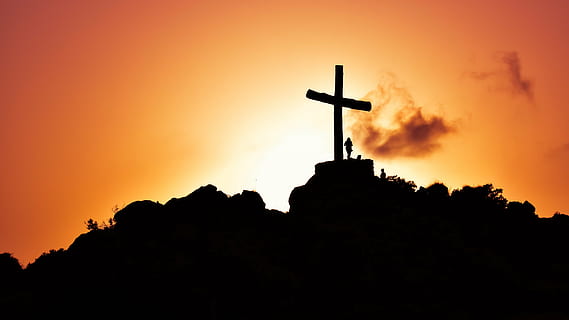 silhouette photo of cross on mountain, hill, sunset, shadows HD wallpaper
