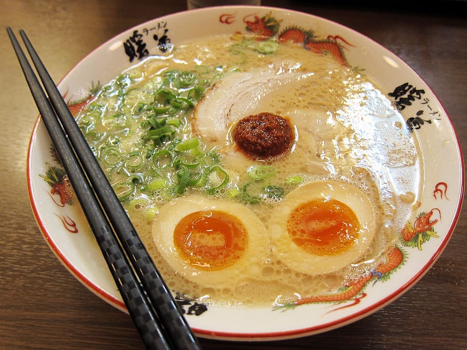 noodle soup with egg and meat, ramen noodles, japanese food, food and drink