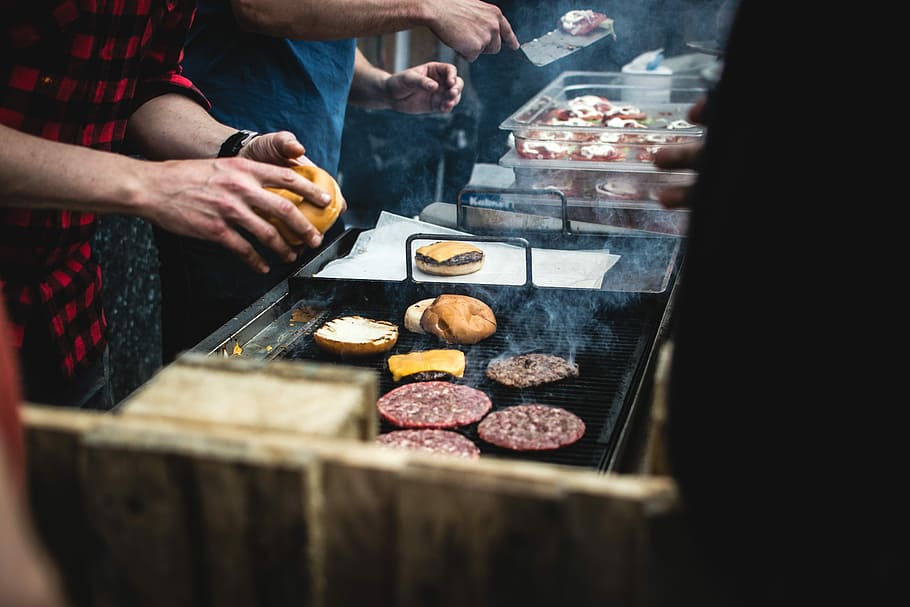 Beef burger barbeque outside, cooking, grilling, hands, meat HD wallpaper