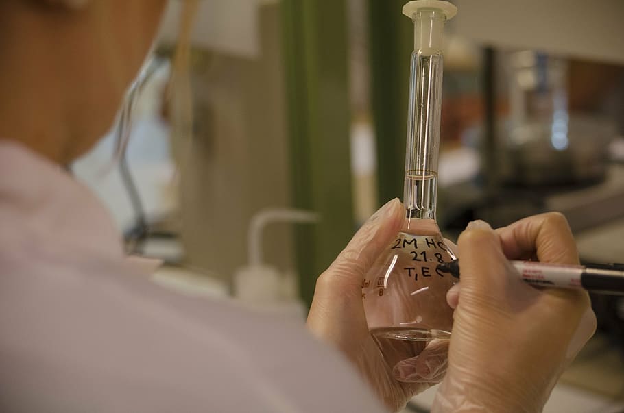 person writing on glass tube, laboratory, in vitro, test, human hand HD wallpaper