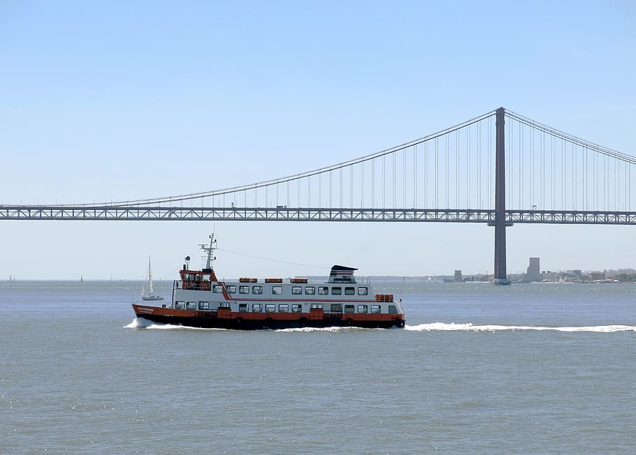 ship, ferry, lisbon, atlantic, transport, bridge, suspension bridge HD wallpaper