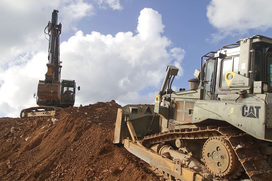 gray heavy equipment on brown sands, guam, bulldozer, machines, HD wallpaper