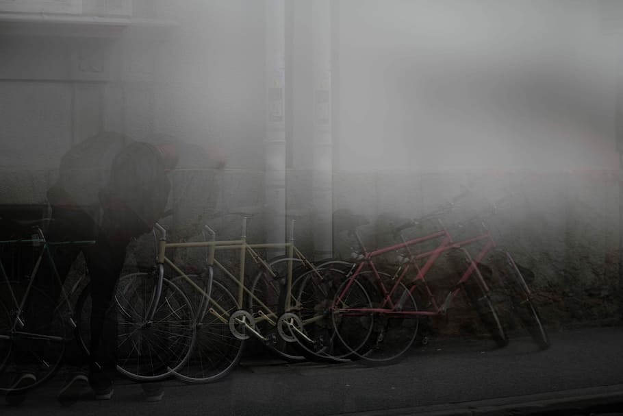 bike parked on the side of the building, untitled, multiple exposure HD wallpaper
