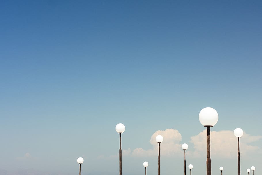 pole, light, bulb, sky, cloud, clear sky, blue, copy space HD wallpaper