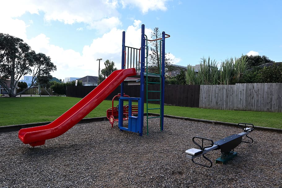 playground, slide, outdoors, grass, leisure, summer, park, recreation, HD wallpaper