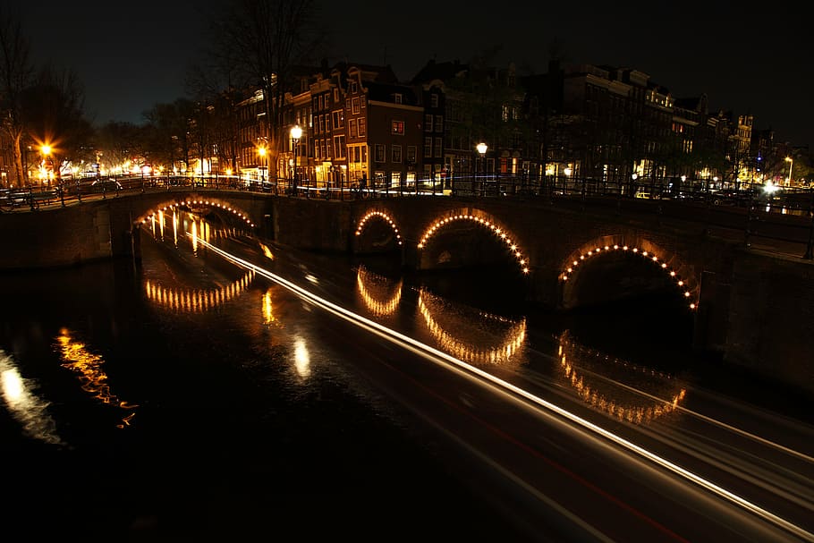 bridge, bridges, lights, night, amsterdam, holland, netherlands HD wallpaper