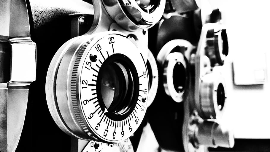 grayscale photo of phoropter, lens, optometrist, black and white