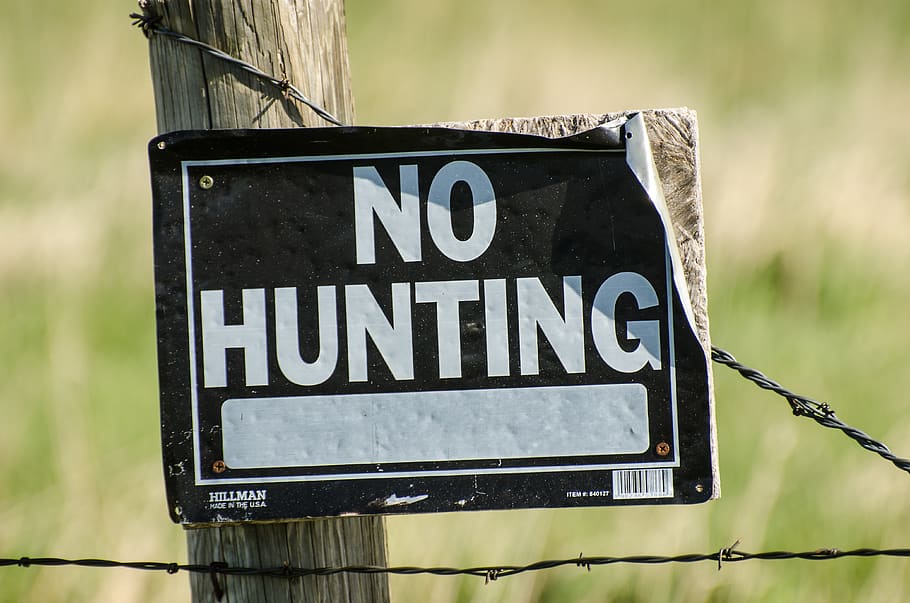 no hunting sign, fence, wire, barbed wire, signage, posted