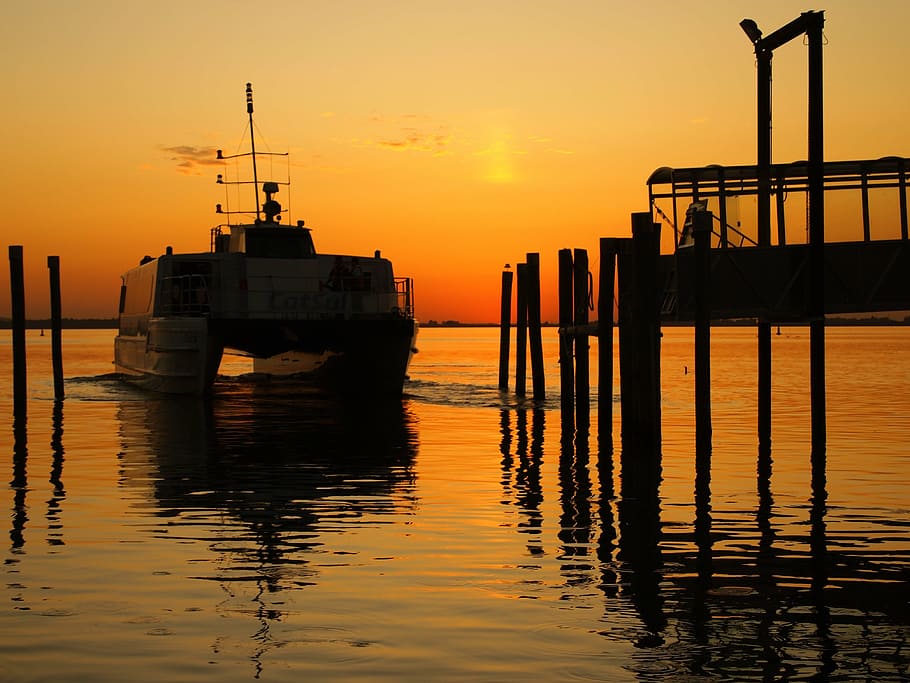 road, sunset, pier, boat, catamaran, silhouette, orange, sea HD wallpaper