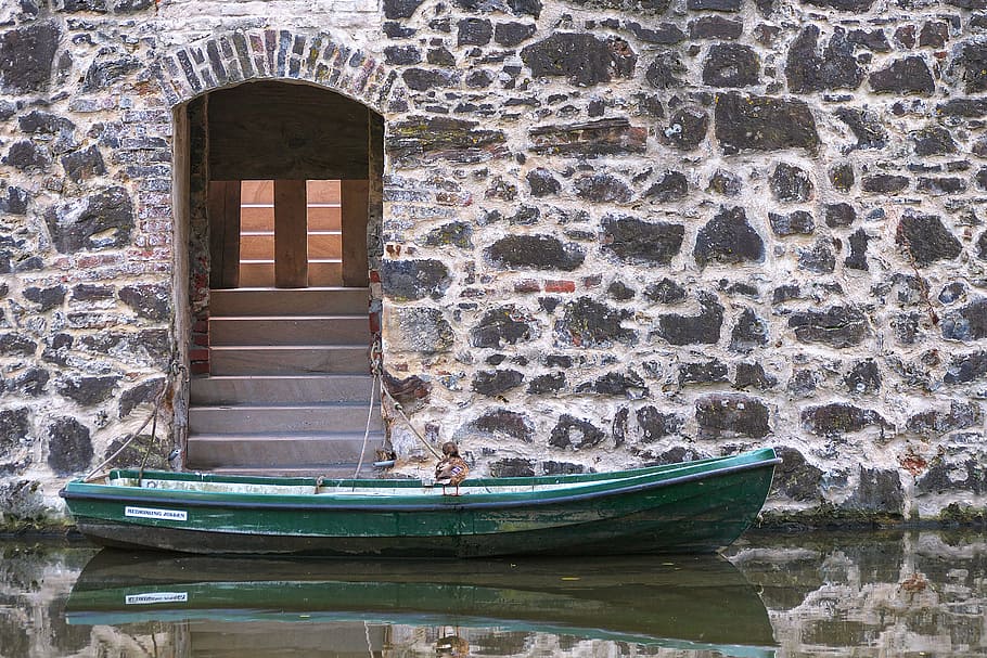 moat, stone wall, schelch, boot, castle, moated castle, wasserburg HD wallpaper