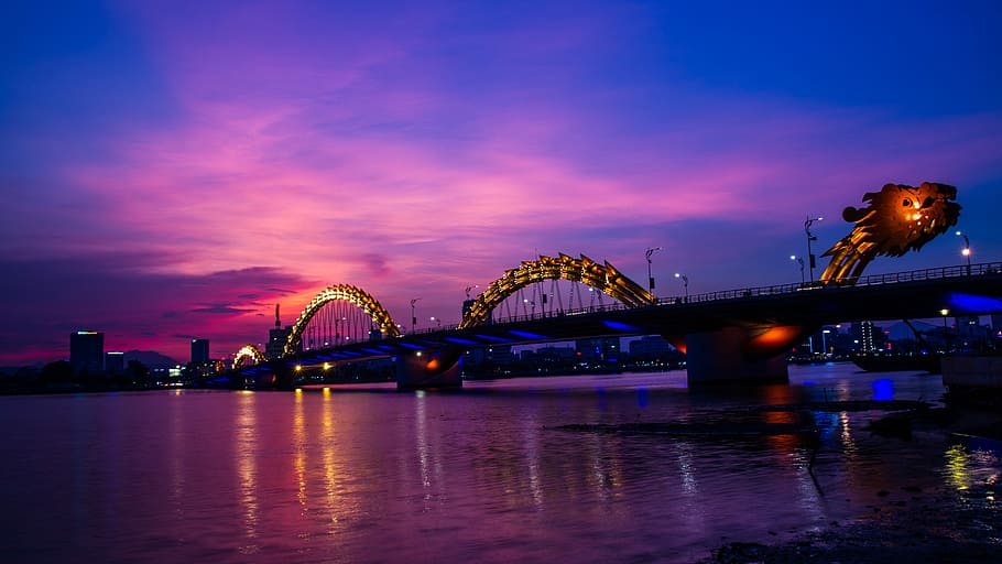 lighted bridge, silhouette of dragon bridge at nighttime, sunset HD wallpaper