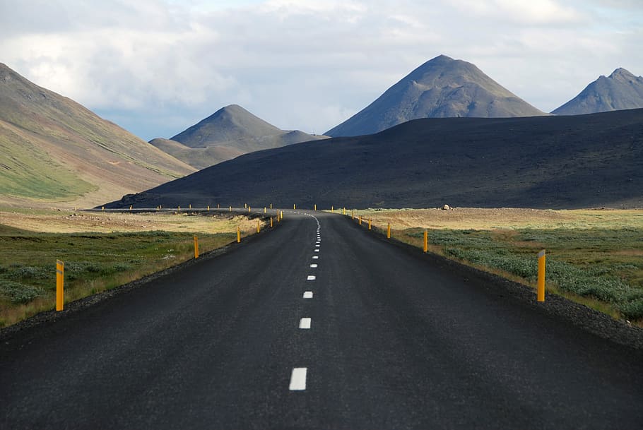 landscape photography of empty road under white clouds, mountains HD wallpaper