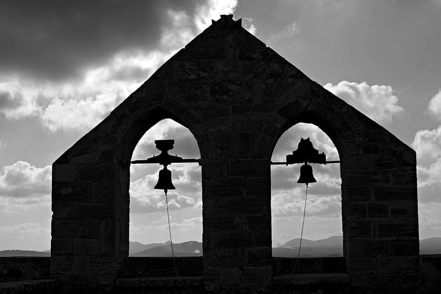 bell tower, backlight, clouds, black And White, architecture HD wallpaper