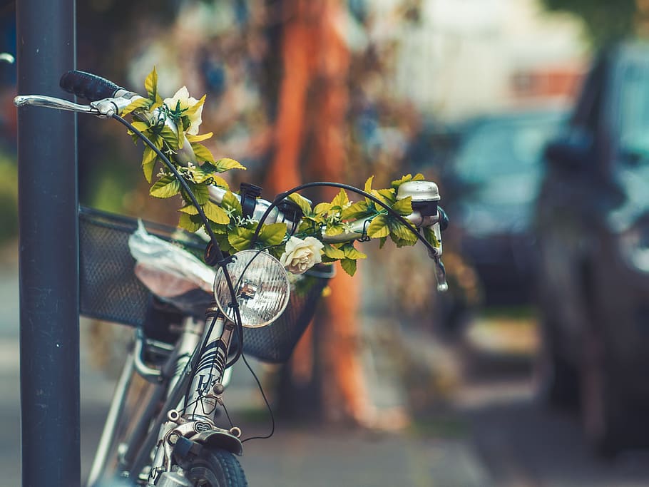 macro shot of gray bicycle, selective focus photography of bike with basket HD wallpaper