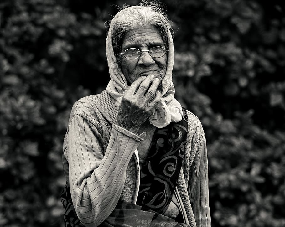 old lady, black and white, monochrome, art, female, woman, person