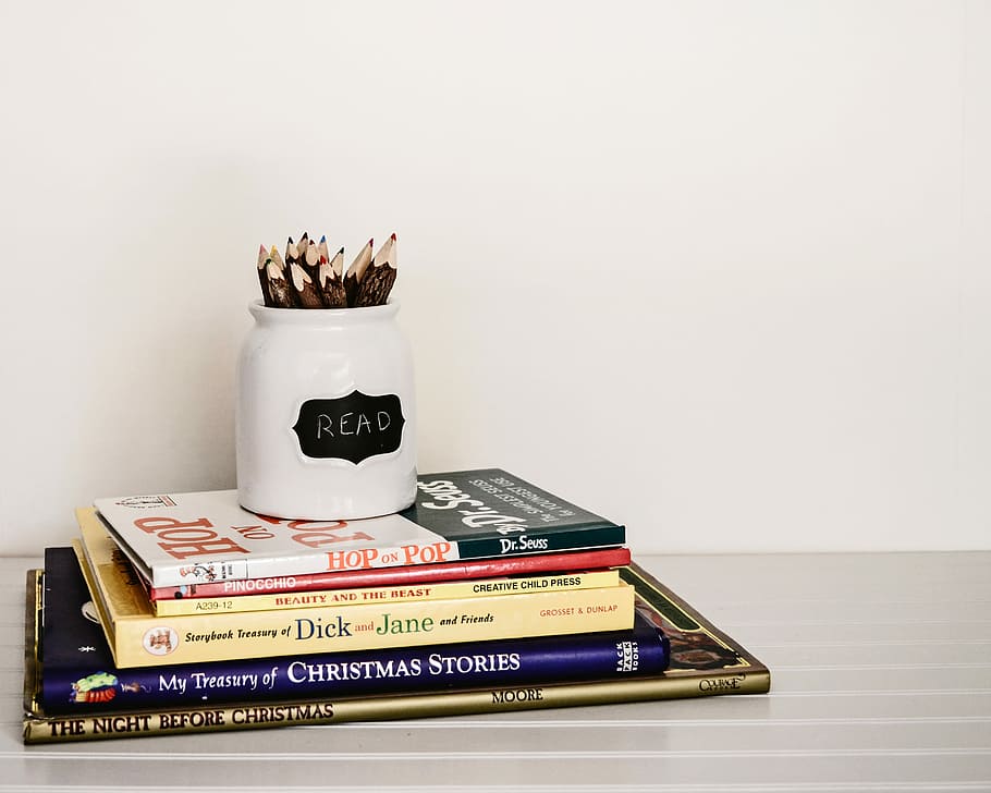 white ceramic pencil organizer on top of stack of books, white and black ceramic pen case on stack of assorted-title books HD wallpaper