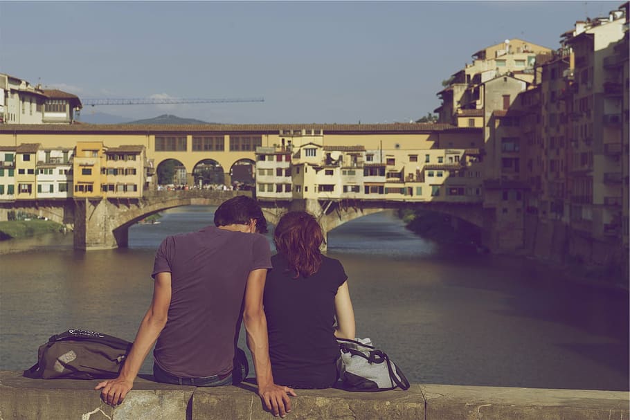 man and woman sitting on bridge, near, body, water, front, buildings, HD wallpaper