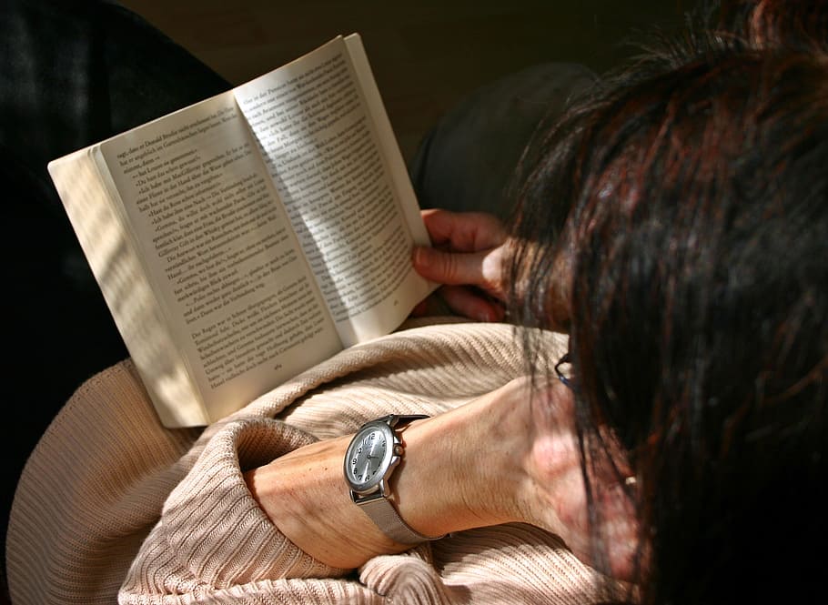 woman in brown sweater reading book, Reader, Person, Human, female, HD wallpaper