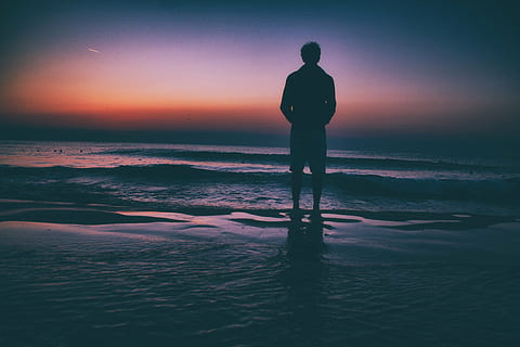 man standing in front of ocean at golden hour, nature, water HD wallpaper
