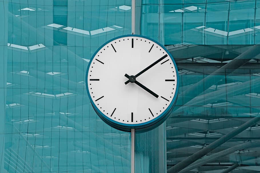 clock, station, time, hour, glass, blue, reflection, urban HD wallpaper