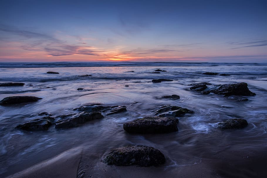 Wide-angle seascape image taken at sunset on the Coast of Cornwall in the South of England. This shot was a two-second exposure to add some movement to the water, HD wallpaper