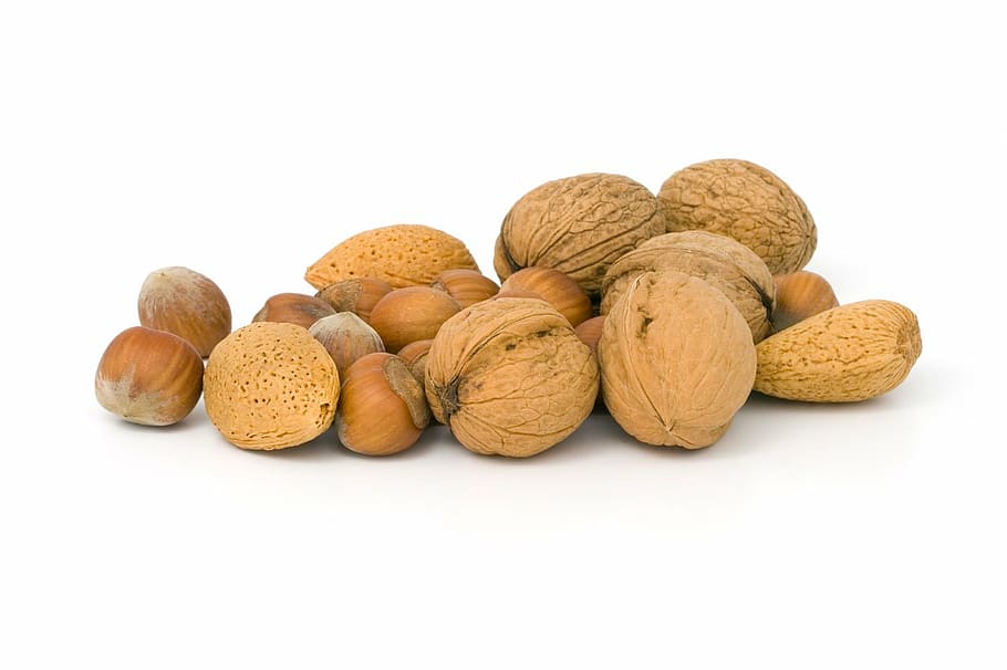 brown nut lot, various, nuts, almond, walnut, hazelnut, pile, HD wallpaper