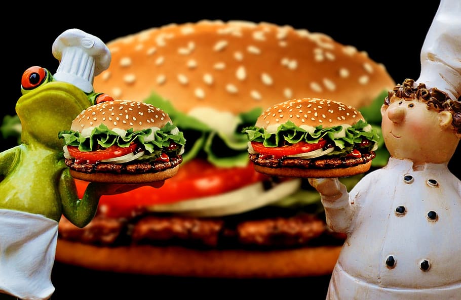 chef and frog holding hamburger illustration, cheeseburger HD wallpaper