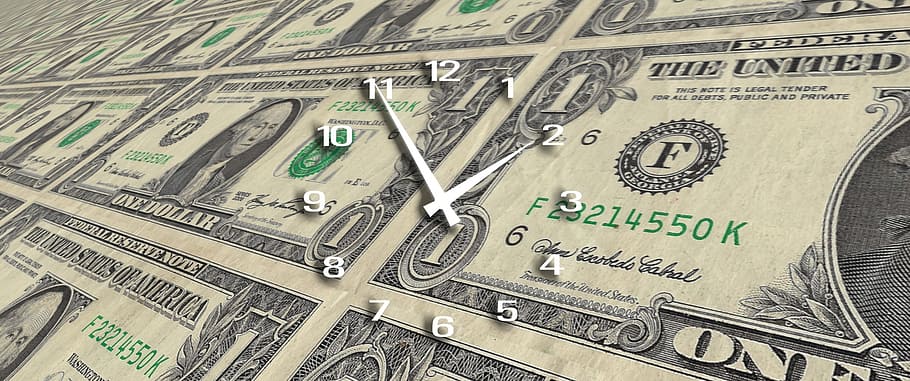 1 US dollar-printed wall clock, time, time is money, forex, finance, HD wallpaper
