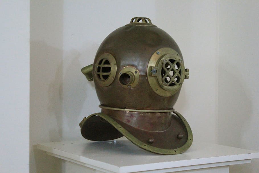 divers helmet, diving, indoors, no people, metal, still life HD wallpaper