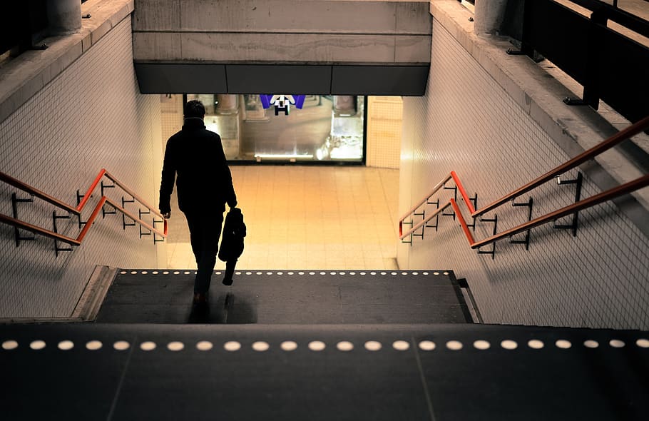 man, walking, home, stairs, commute, travel, public transportation HD wallpaper